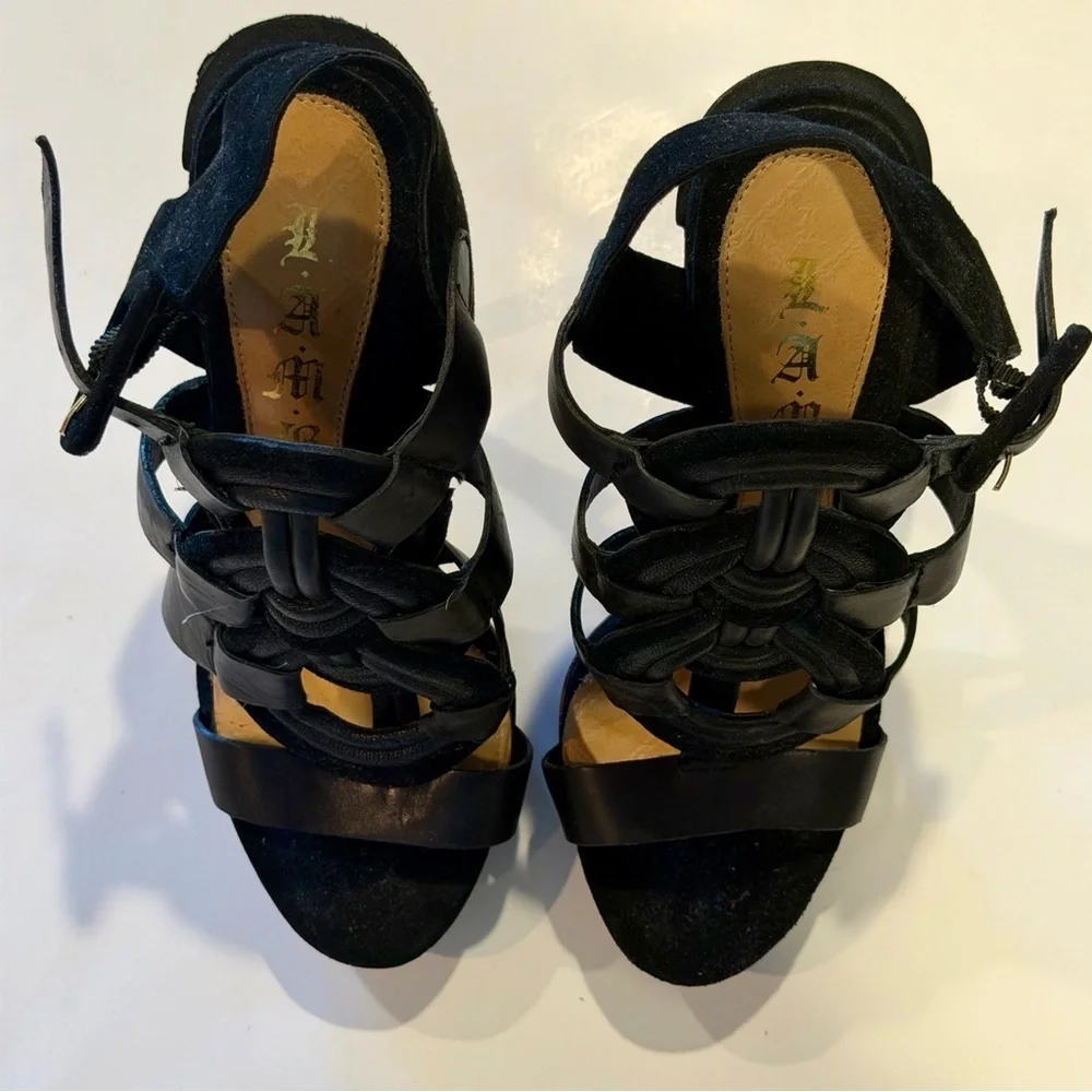 L.A.M.B. Black Strappy Stiletto Heels Leather Designer Sandals Size 6